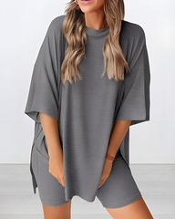 Women's Summer Casual Two-Piece Lounge Set Oversized Split Hem Shirt