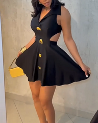 Ladies V-neck Metal Button Sleeveless Dress