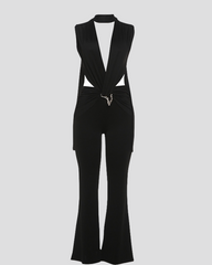 Sleeveless Deep V Cutout High Waist Slim Fit Flare Leg Jumpsuit
