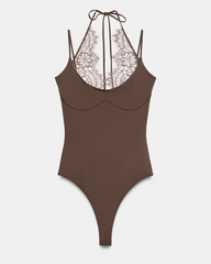 Fashionable Slim-Fit Patchwork Lace Halter Neck Bodysuit