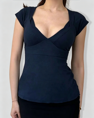 V-Neck Cross Wrap Cinched Waist Tie-Back Short Sleeve Top