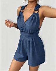 Cross-Back Halter Tie Waist Linen Romper Shorts