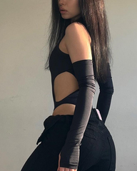 Stylish Solid-Color High-Neck Hollow Out Bodysuit