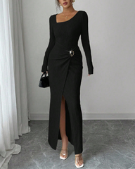 Irregular Neckline Solid Color Knit Texture Long Sleeve Maxi Dress