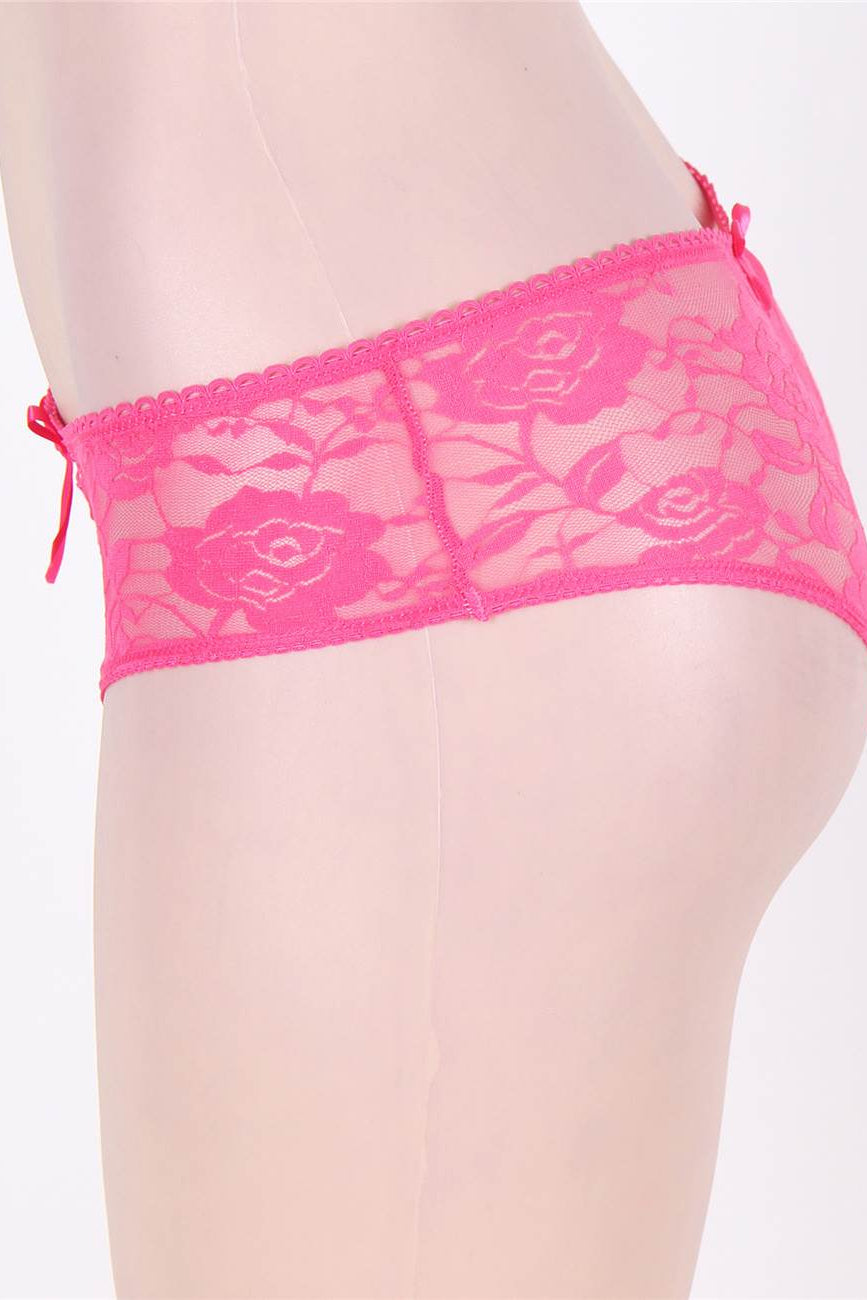 Hot Pink Open Crotch Floral Lace Panty