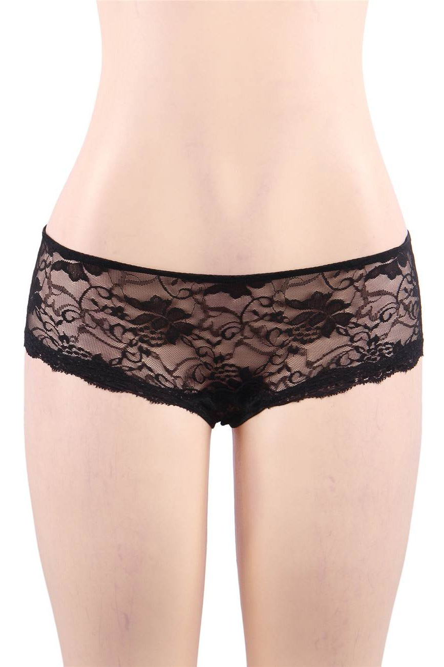 Black Open Crotch Floral Lace Panty