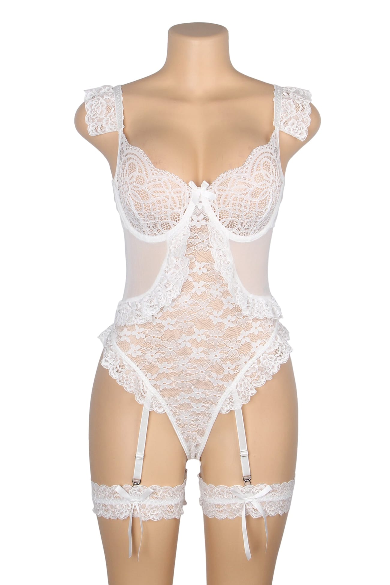 Sexy White Lace Teddy Lingerie with Ruffle Trim