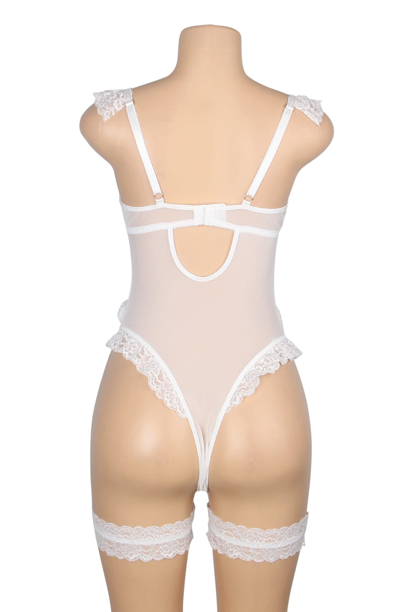 Sexy White Lace Teddy Lingerie with Ruffle Trim