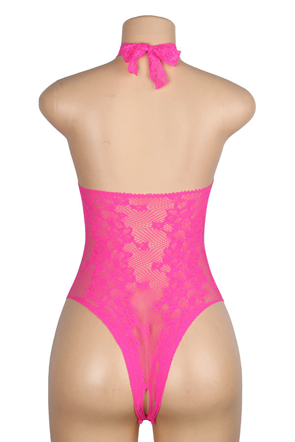 Sexy Hot Pink Lace Halter Bodysuit