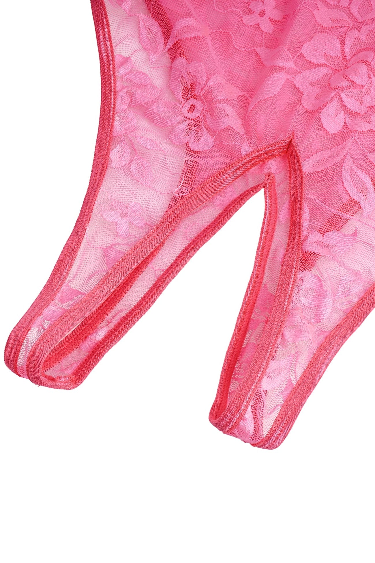 Crotchless Pink Floral Lace Fringe Bodysuit