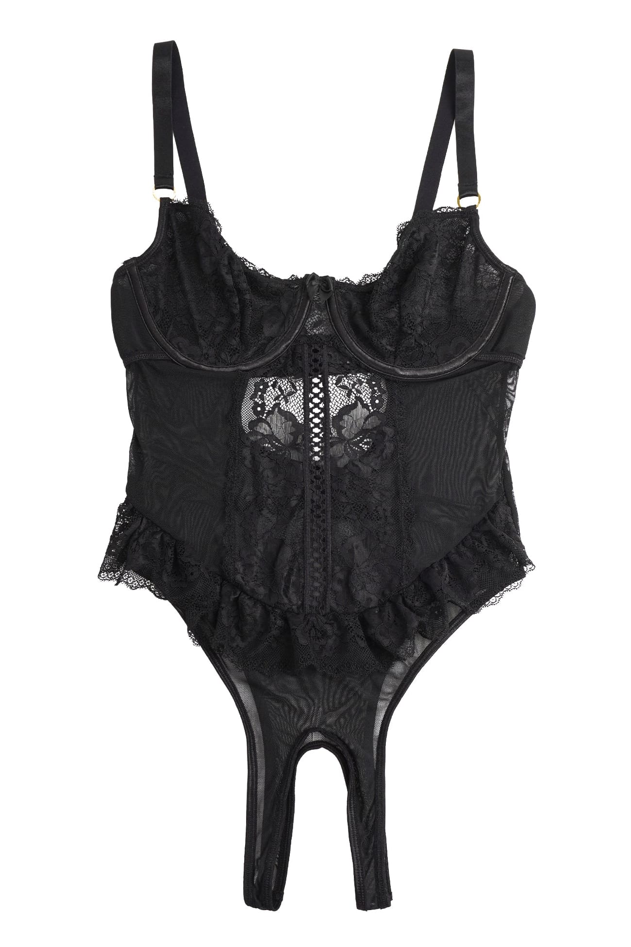 Black Crotchless Lace Sheer Mesh Bodysuit