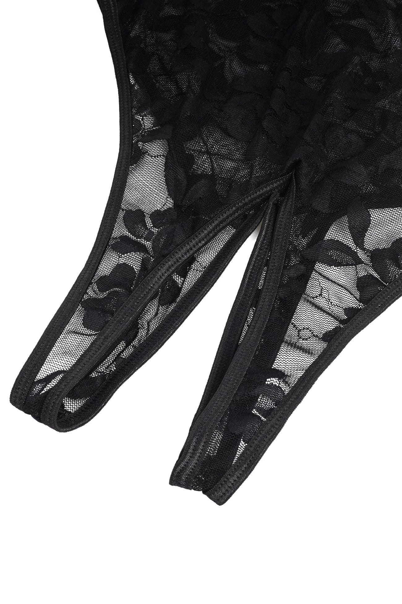 Crotchless Black Floral Lace Fringe Bodysuit
