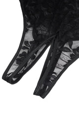 Crotchless Black Floral Lace Fringe Bodysuit