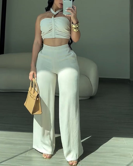 Braided Trim Two Piece Outfit with Flared Trousers