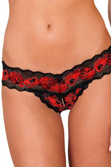 Red & Black Crotchless Lace V-Thong