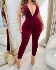 Deep V-Neck Halter Neck Velvet Backless Jumpsuit