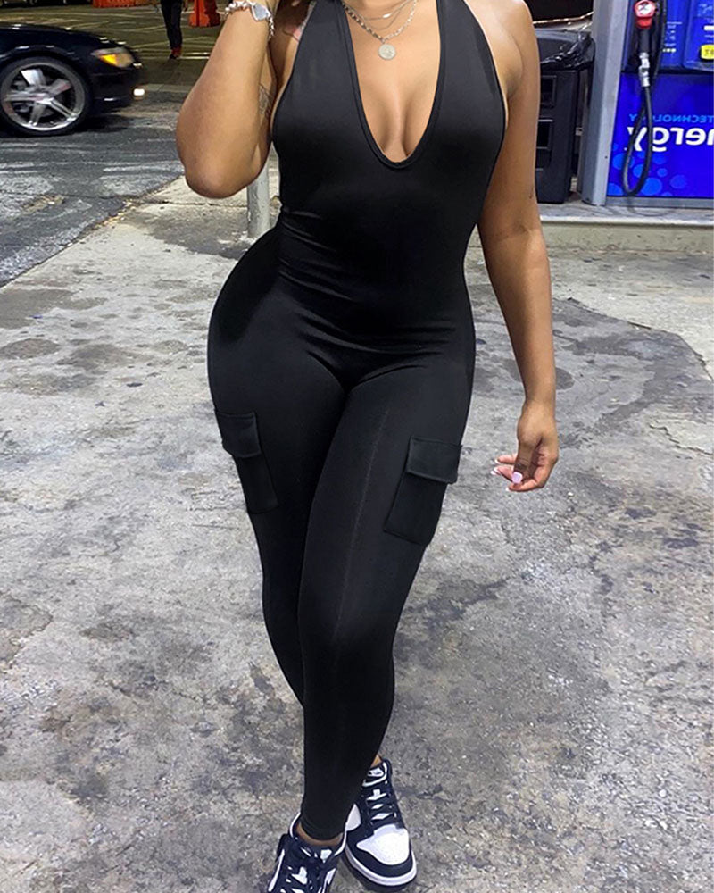 Thigh-Neck V-Neck Sports Jumpsuit With Pocket Hip Lift
