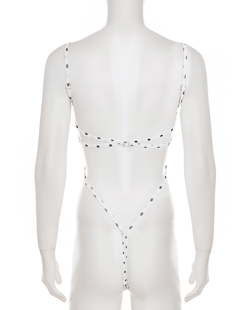 Stylish Black White Polka Dot Cutout Lace-Up Slim-Fit Bodysuit