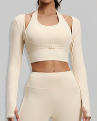 Halter Neck Long Sleeve Workout Crop Top with Built-in Sports Bra