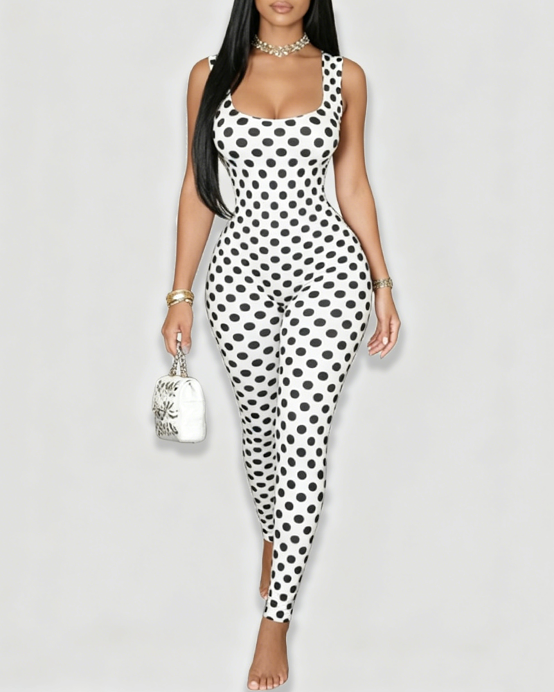 Slim Fit Polka Dot Open Back Sleeveless Bodycon Jumpsuit