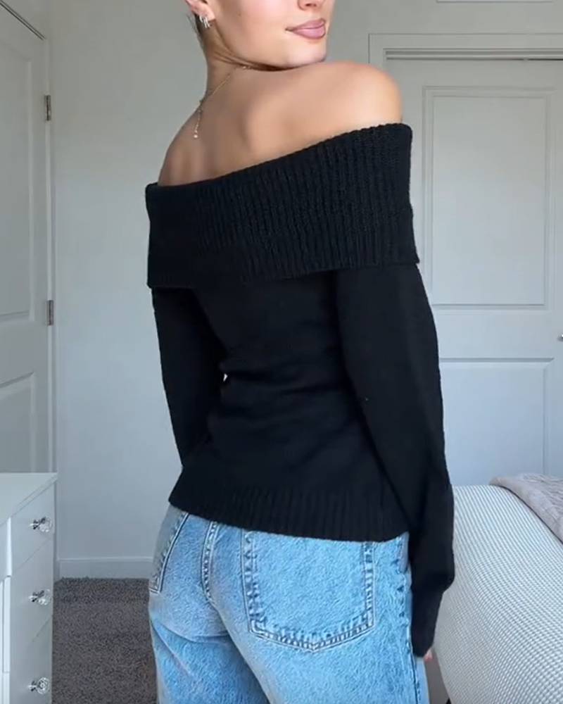 Off-The-Shoulder Slim-Fit Fashion Knitted Long-Sleeved Sweater