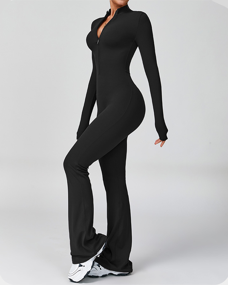 Long-Sleeved Flared Athletic Zipper Jumpsuit