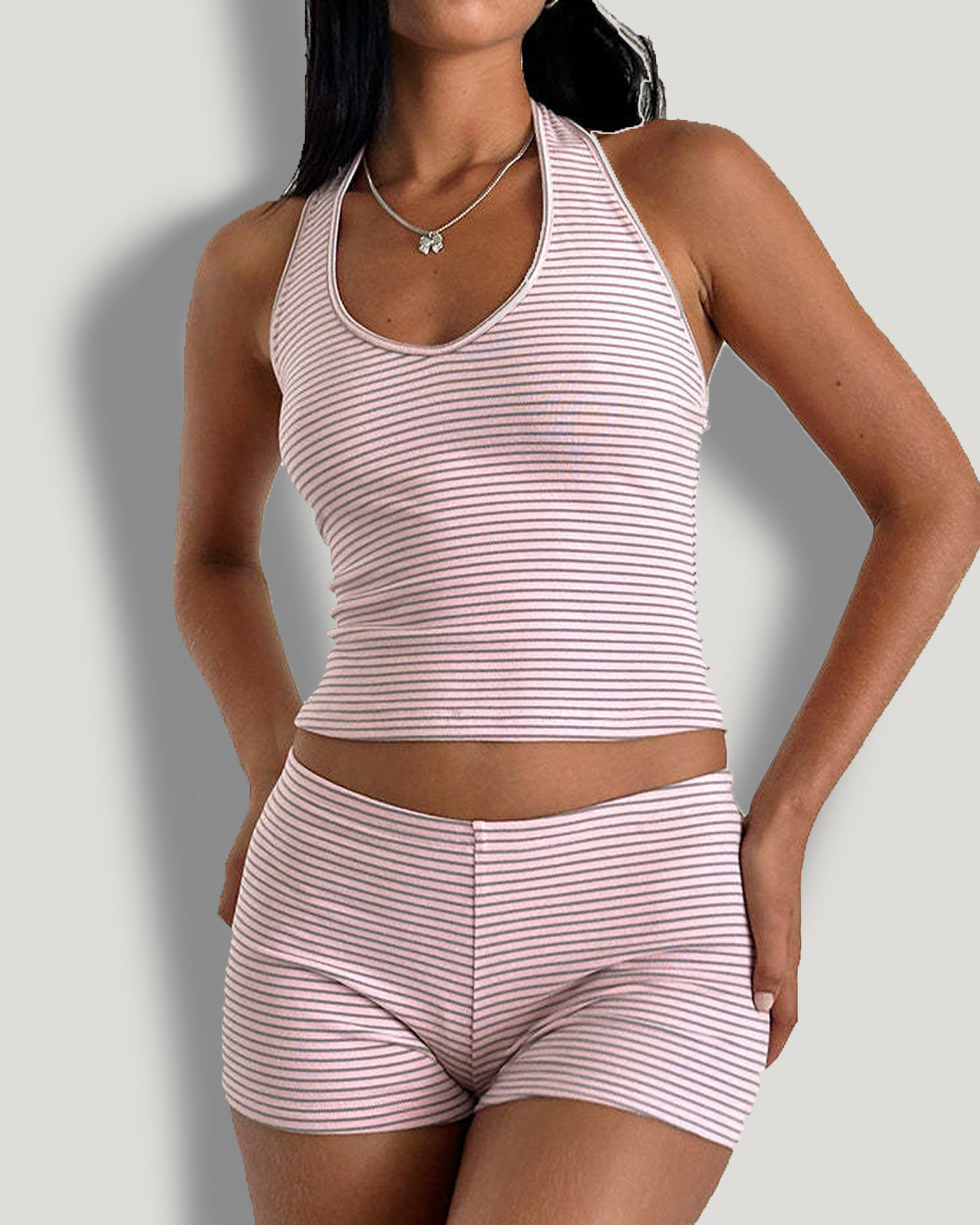 Striped Small Fresh Open Back Casual Body Shaping Shorts Set