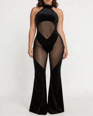 Halter Neck Mesh Panel Flare Jumpsuit