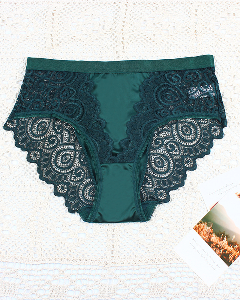 High-Waisted Breathable Color-Blocked Lace Floral Design