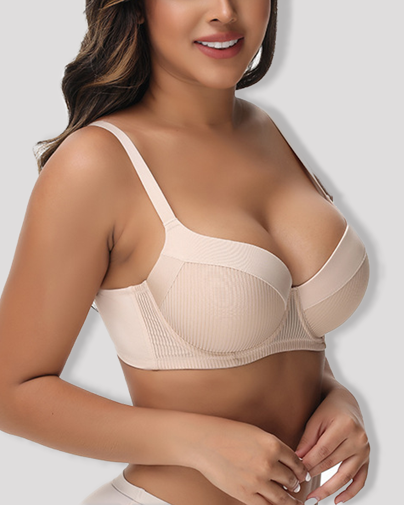 Vertical Rib Mesh Breathable Underwire Push Up Support Bra