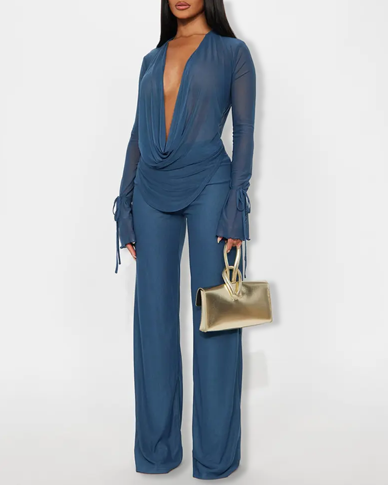 Deep V Mesh Cowl Neck Top & Wide Leg Pants Casual 2 Piece Outfit Set