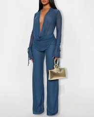 Deep V Mesh Cowl Neck Top & Wide Leg Pants Casual 2 Piece Outfit Set