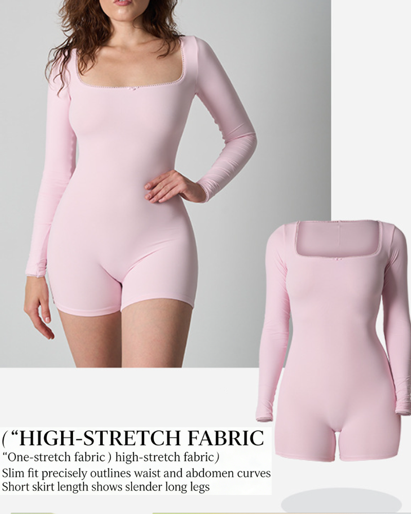 Lace Long-Sleeve Fitted Stretchy Square-Neck Bodysuit