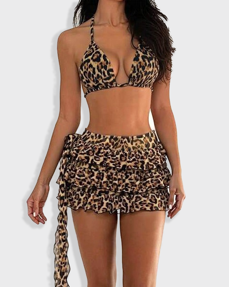Leopard Print Tie Back Ruffle Hem Skirt Bikini 3 Piece Swimsuit Set