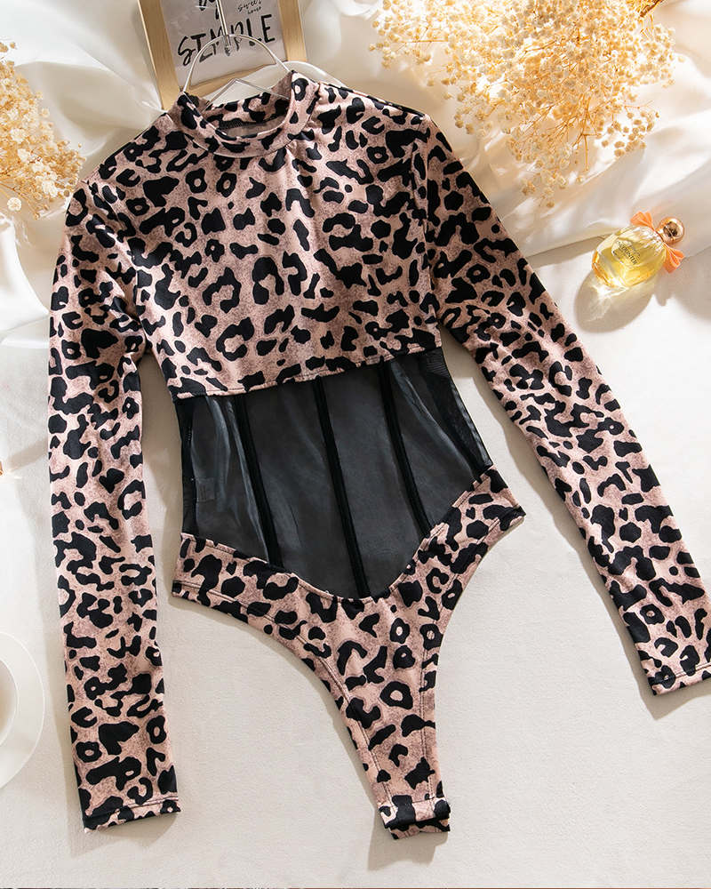 Leopard Print Slim-Fit Long-Sleeved See-Through Bodysuit