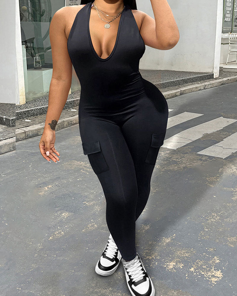 Thigh-Neck V-Neck Sports Jumpsuit With Pocket Hip Lift