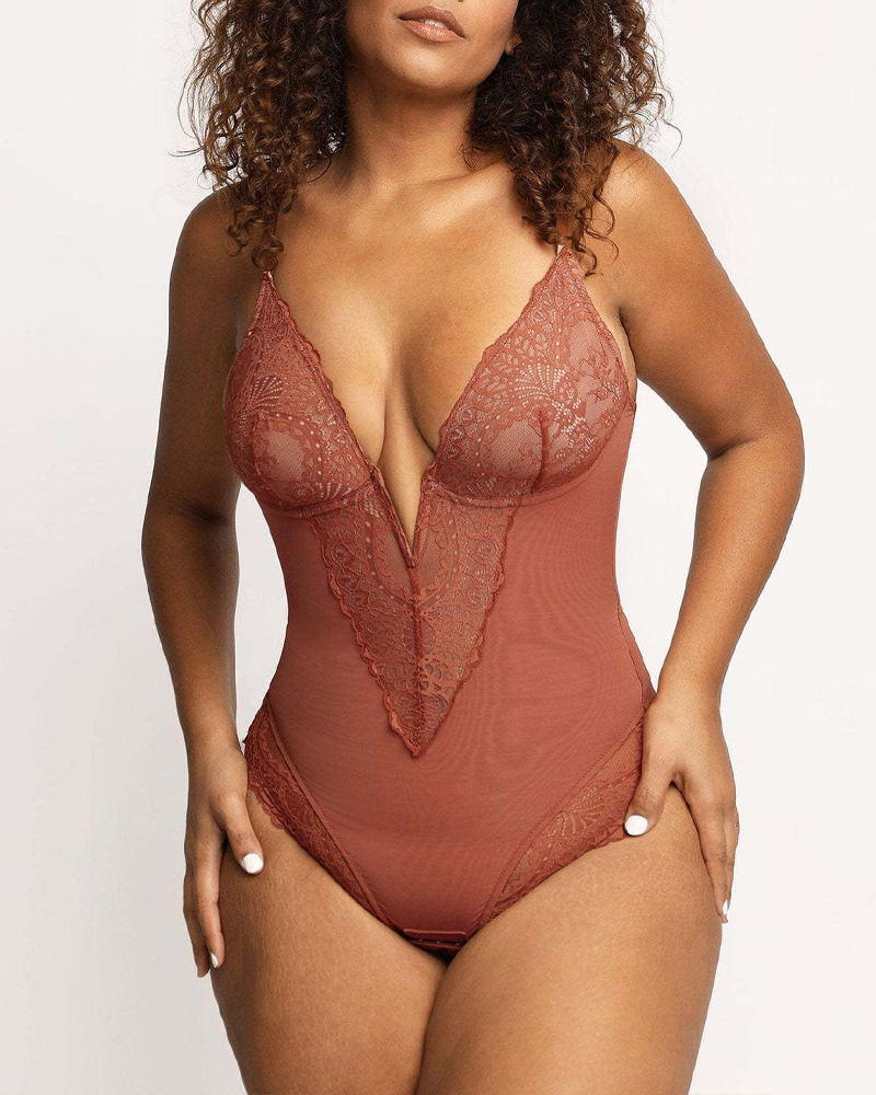 Deep V-Neck Shaping Lace Bodysuit