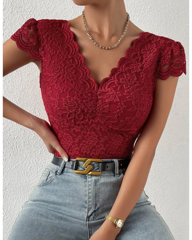 Sexy Deep V Neck Lace Short Sleeve One Piece Bodysuit
