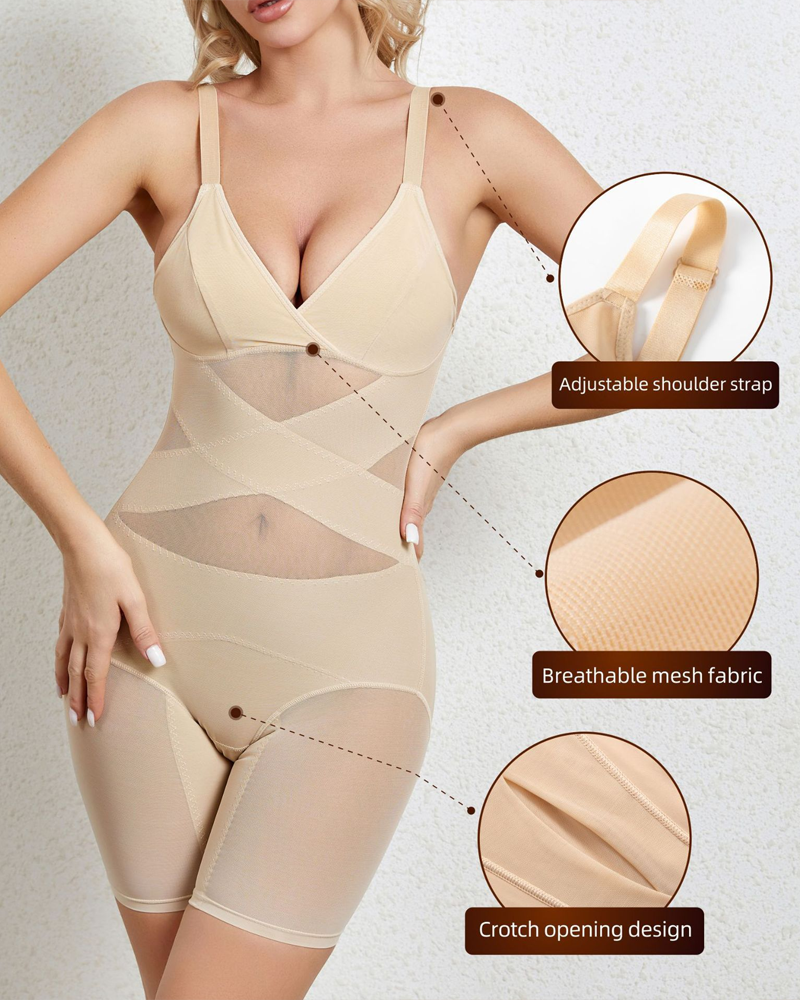 Crisscross Mesh V-Neck Shapewear Bodysuit