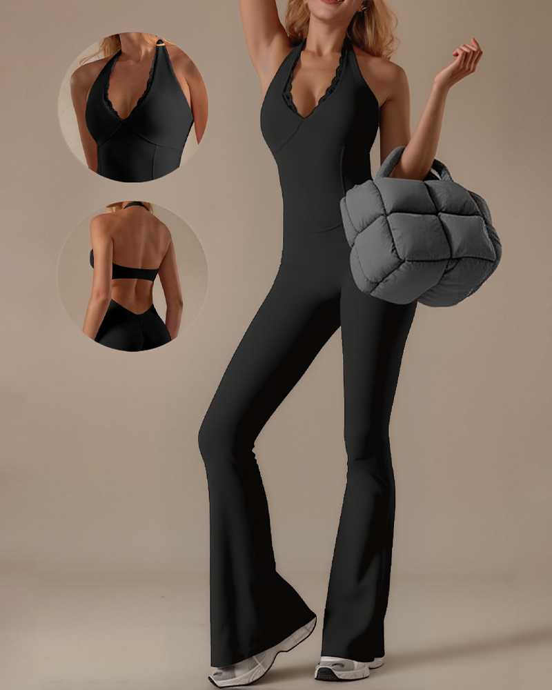 Halter Lace V-Neck Flared Jumpsuit