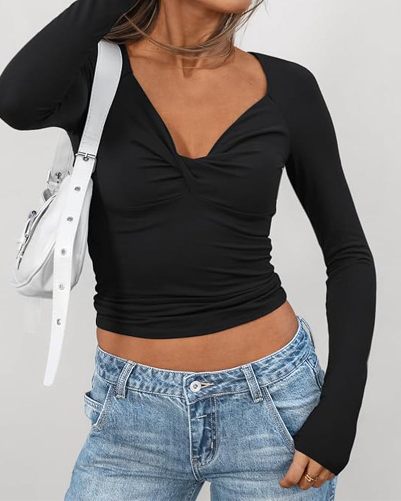 Twist Front Long Sleeve T-Shirt Slim Fit Top