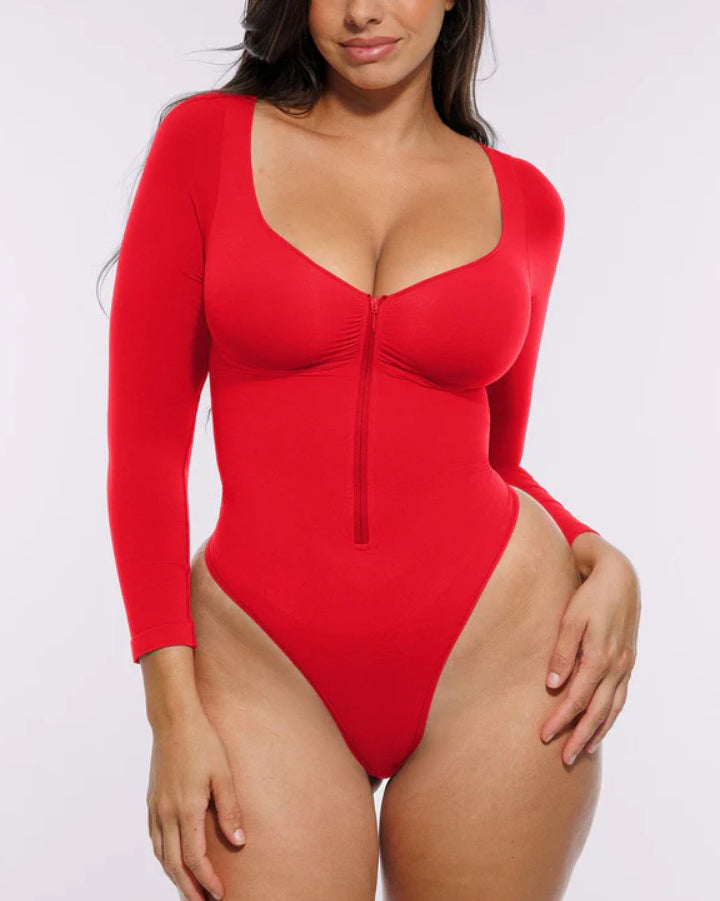 Front Zipper Seamless Slimming Long Sleeve Thong Bodysuit