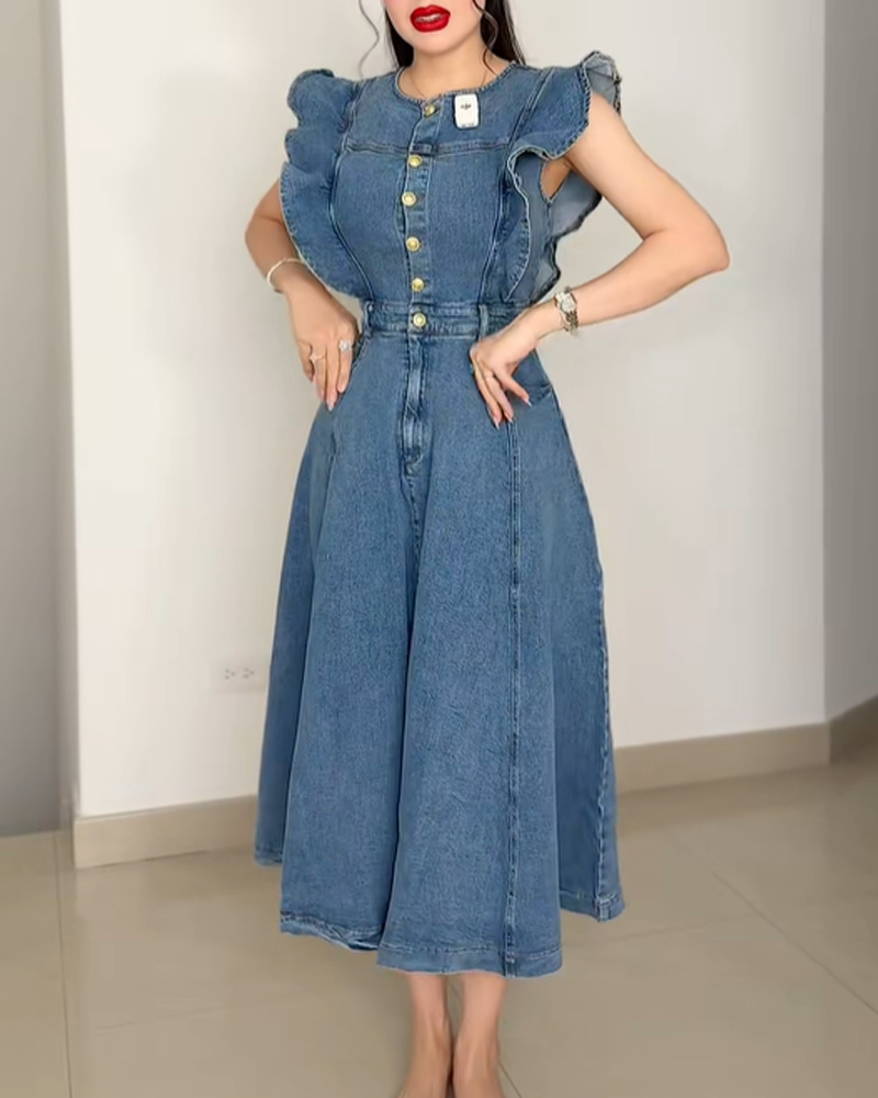 Waist Tie Ruffle Sleeve Button Front Denim Skirt