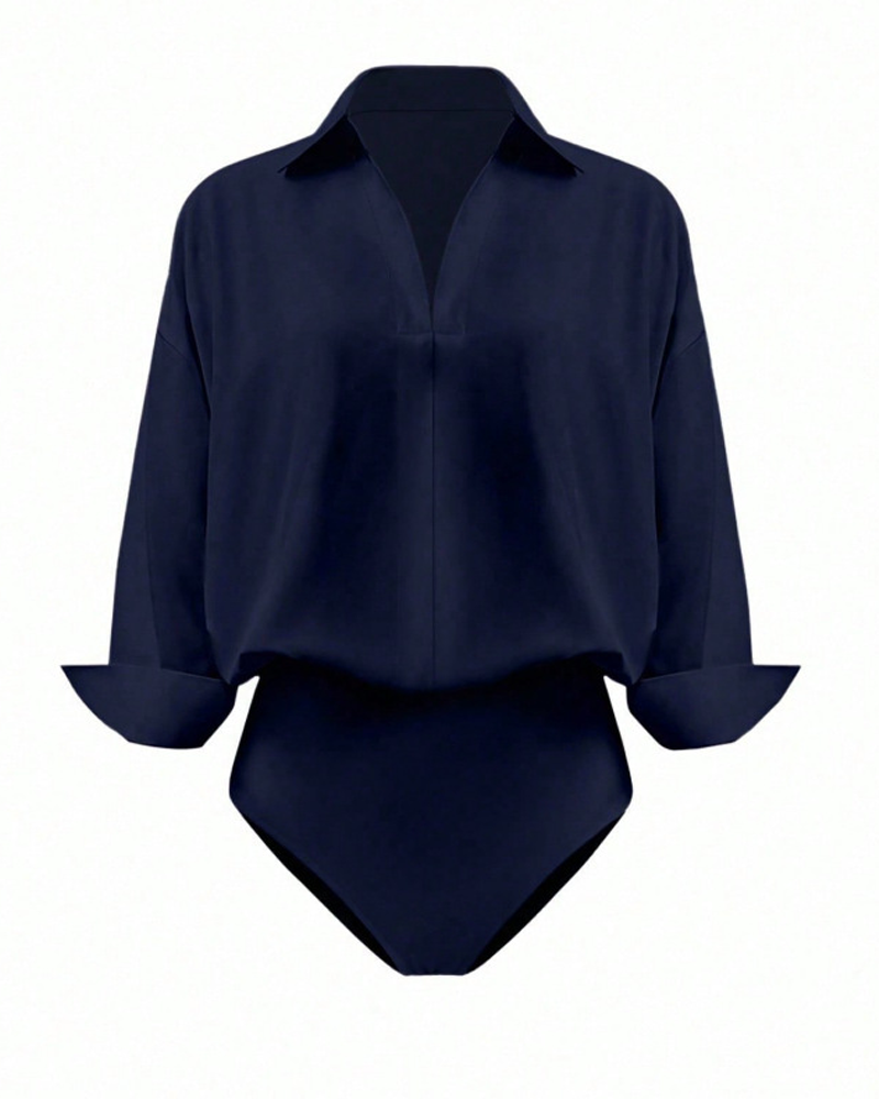 Collared V-Neck Rolled Sleeve Shirt Bodysuit