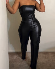 Sexy Strapless Tube Top Tight Waist Pu Leather Jumpsuit