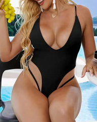 Black Mesh Nude Illusion Spaghetti Strap Deep V Neck Swimsuit