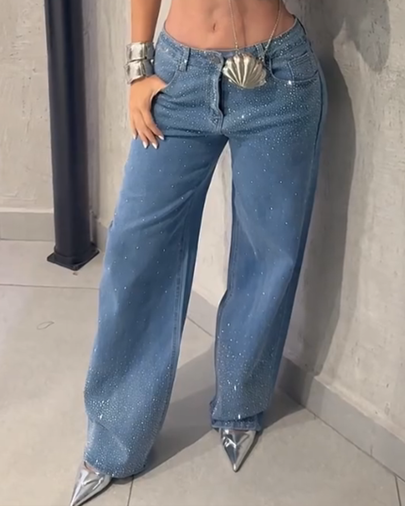 Women's Diamond Rhinestone Jeans High Waist Straight Wide Leg Stretchy Bling Denim Pants