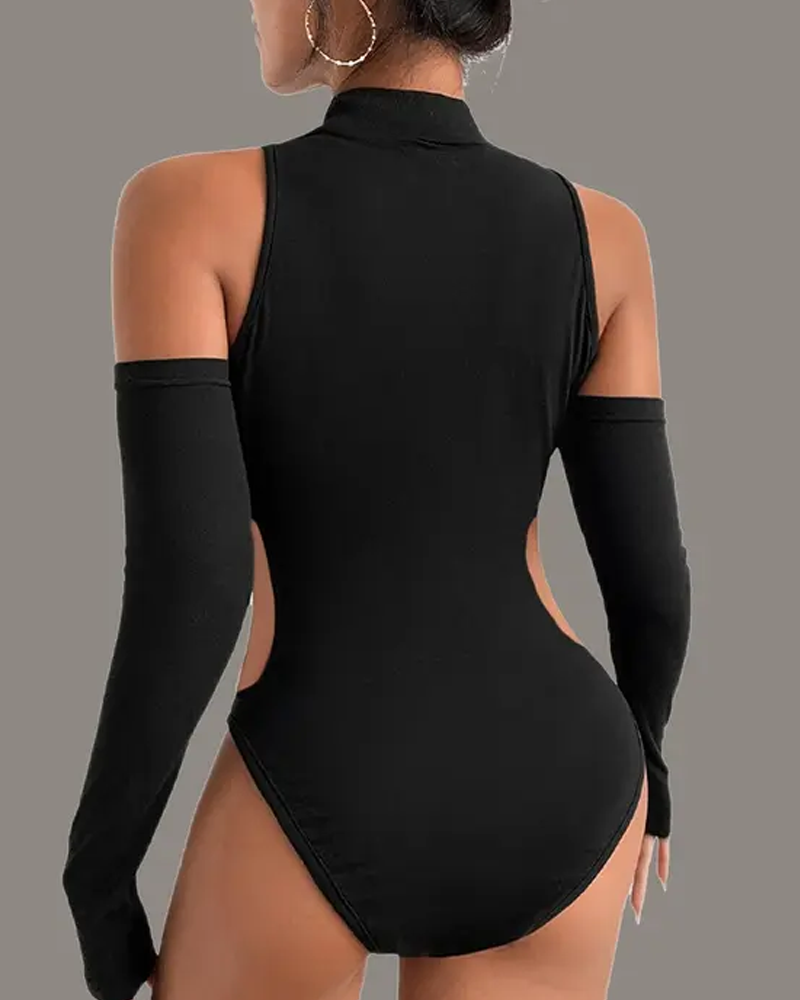 Stylish Solid-Color High-Neck Hollow Out Bodysuit