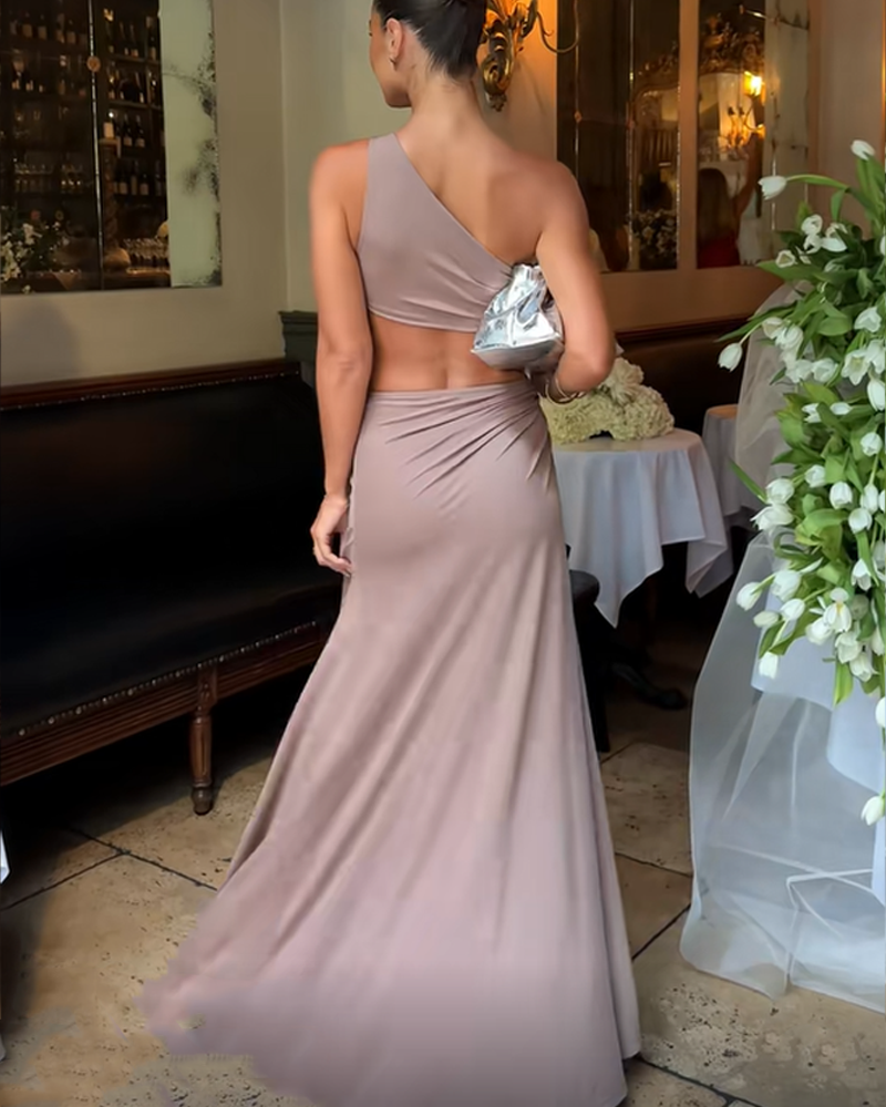 One-Shoulder Cutout Maxi Dress with Silver Ring Detail