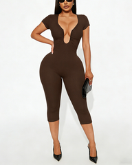 U-Neck Short Sleeve Bodycon Shaping Capri Jumpsuit